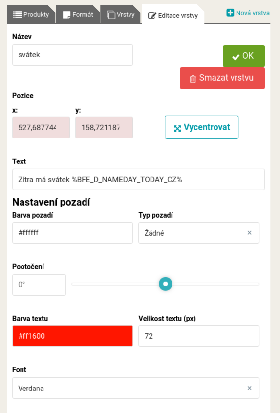 Ukázka editace nové vrstvy s dynamickým prvkem a textem
