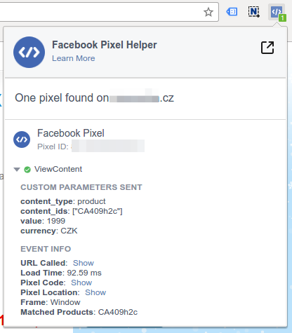 Ukázka hlášení doplňku Facebook Pixel Helper, když je kód správně nasazen.